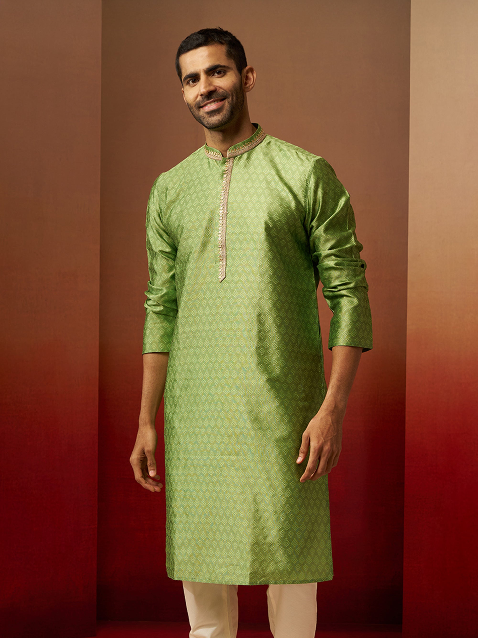Vastramay Men Green Silk Anmol Jacquard Kurta