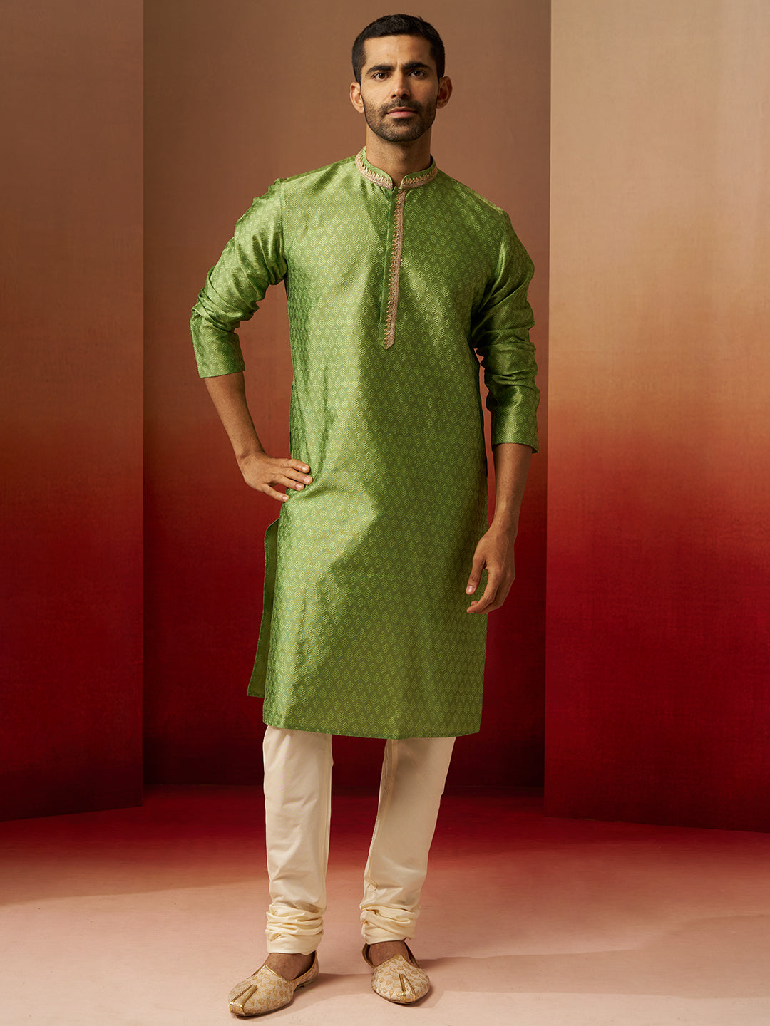 Vastramay Men Green Silk Anmol Jacquard Kurta