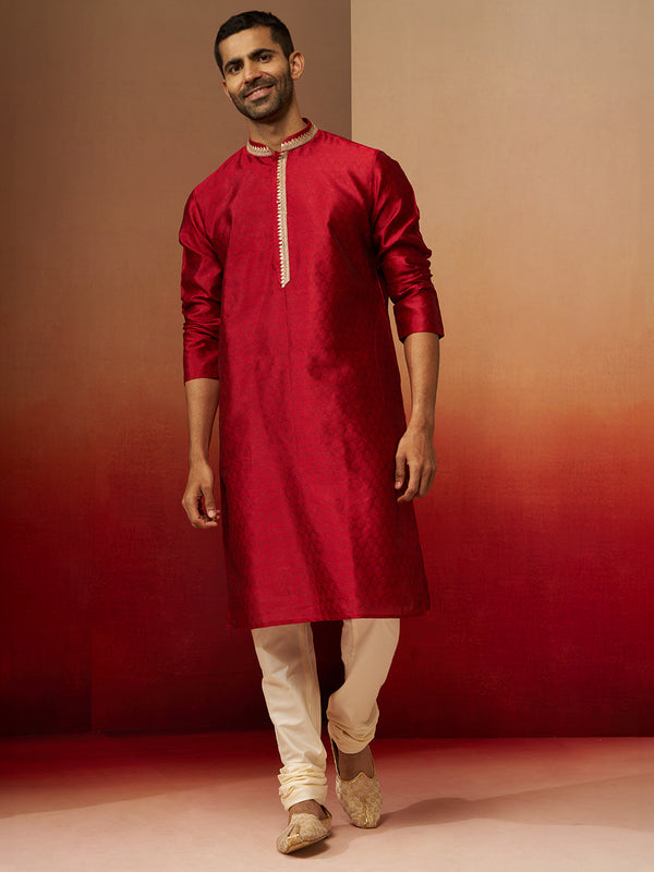 Men's Maroon Jacquard Kurta with Cream Churidar Set