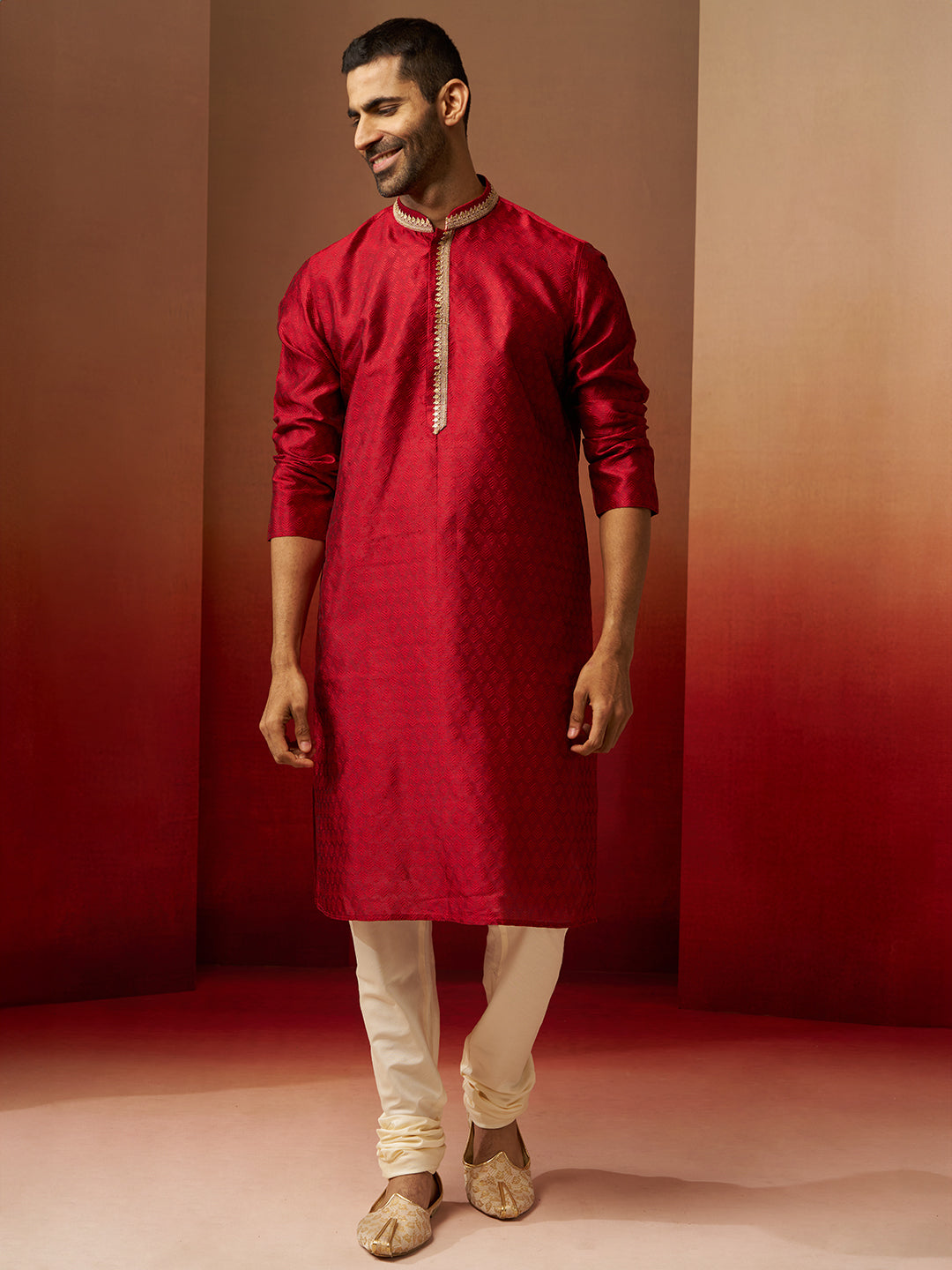 Men's Maroon Jacquard Kurta with Cream Churidar Set