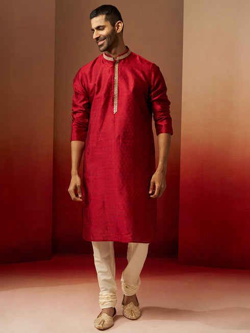 Men's Maroon Jacquard Kurta with Cream Churidar Set