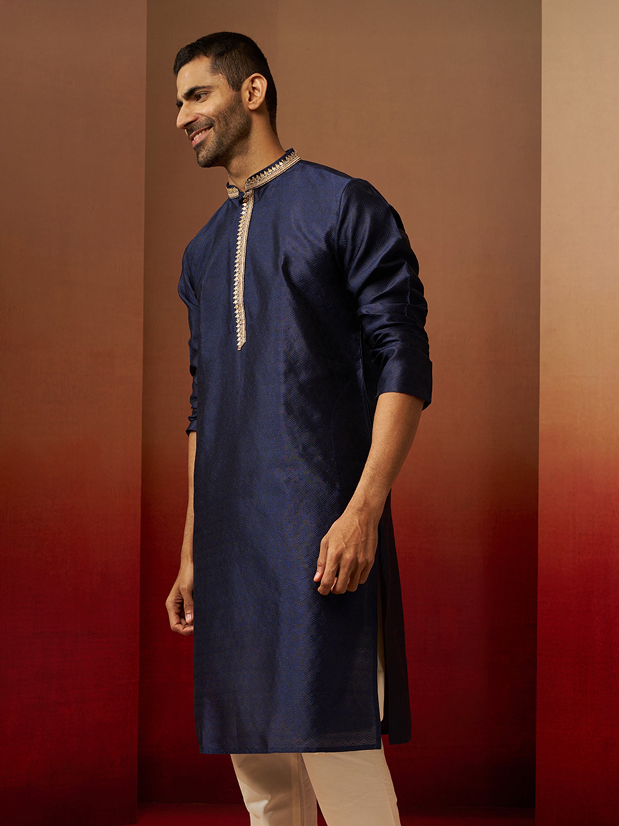Vastramay Men Navy Blue Silk Anmol Jacquard Kurta