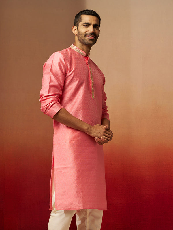 Vastramay Men Pink Silk Anmol Jacquard Kurta