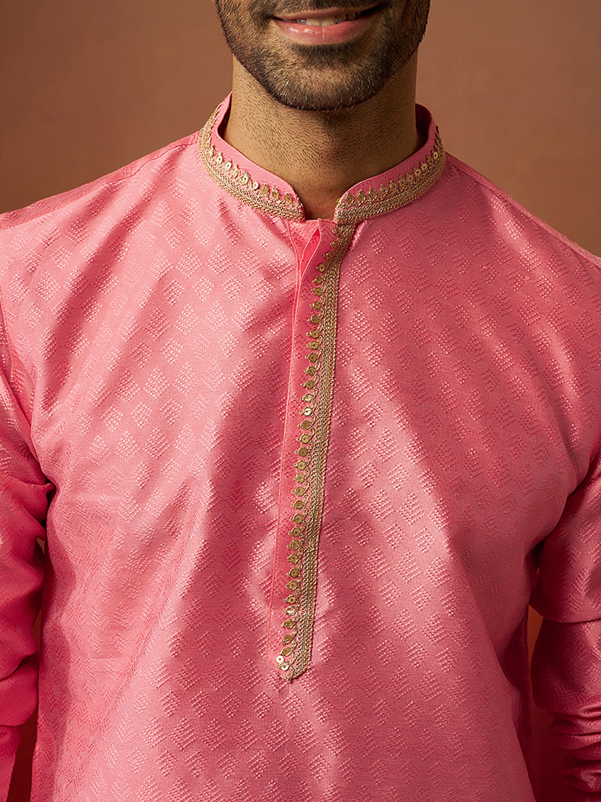 Vastramay Men Pink Silk Anmol Jacquard Kurta