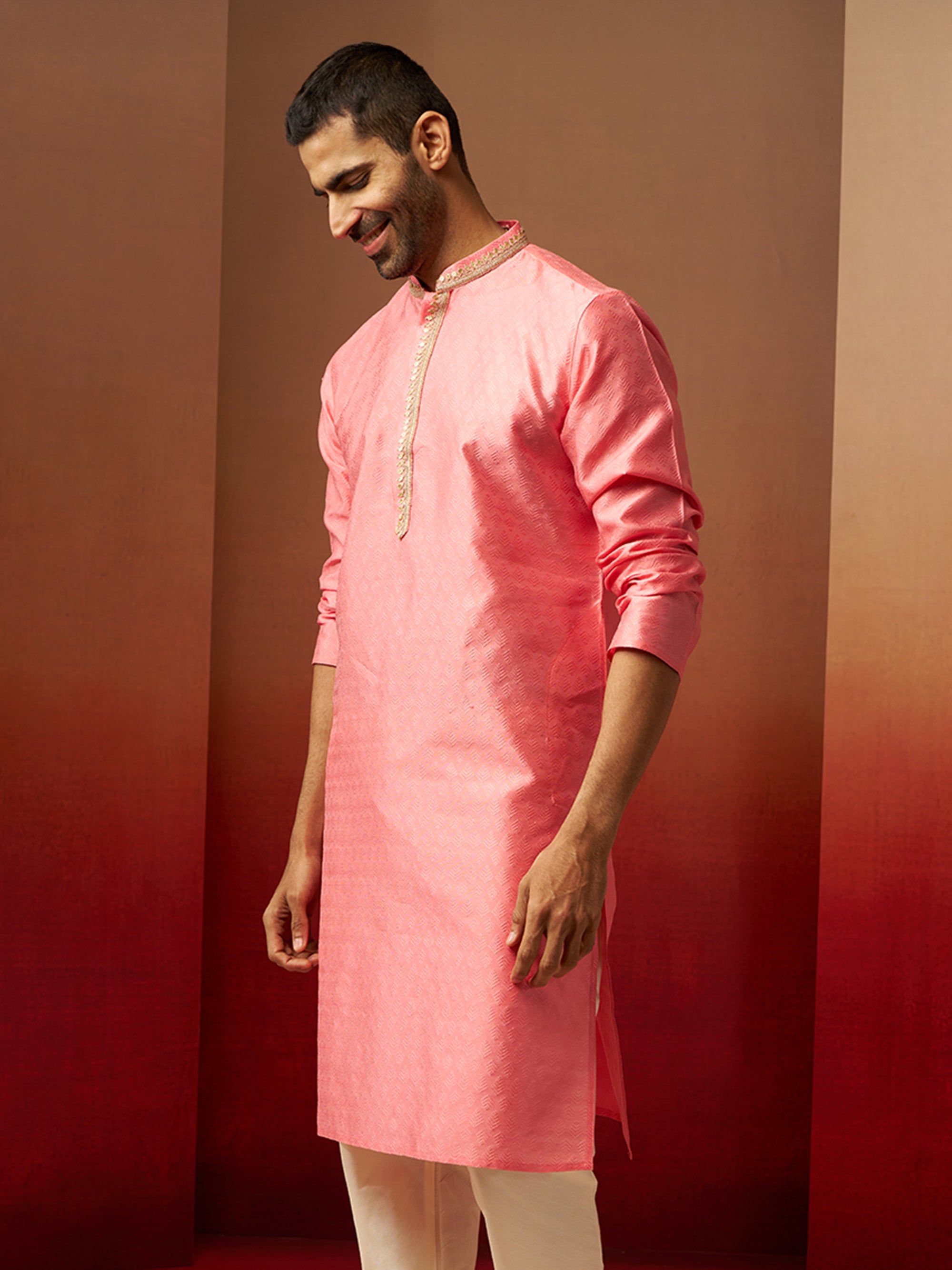 Vastramay Men Pink Silk Anmol Jacquard Kurta