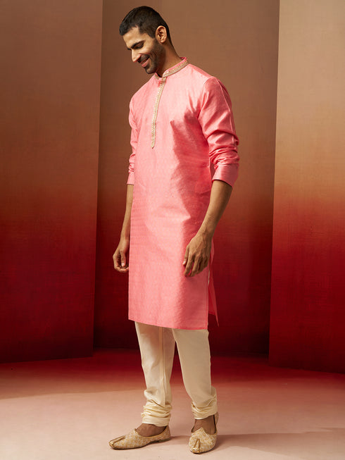 Men's Pink Jacquard Kurta with Cream Churidar Set