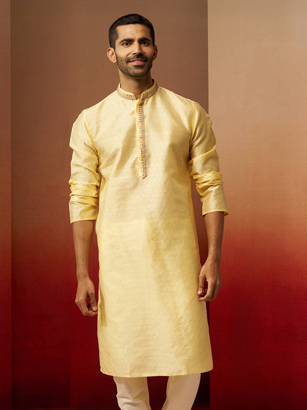 Men Yellow Silk Anmol Jacquard Kurta