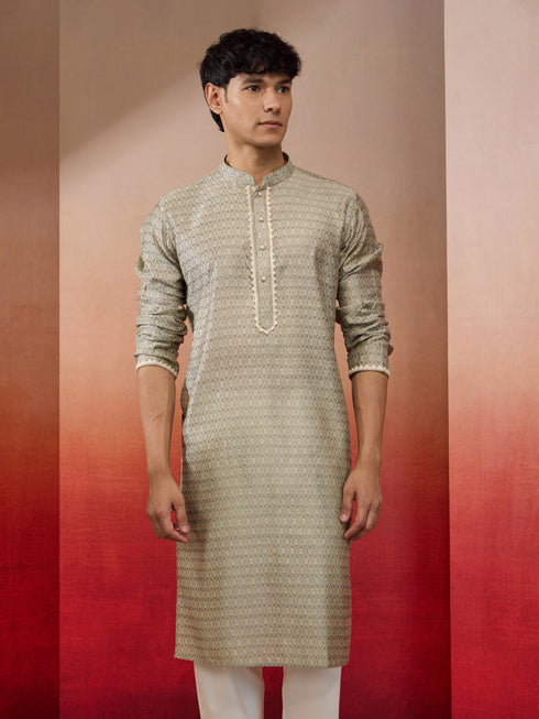 Men's Grey Silk Jacquard Kurta