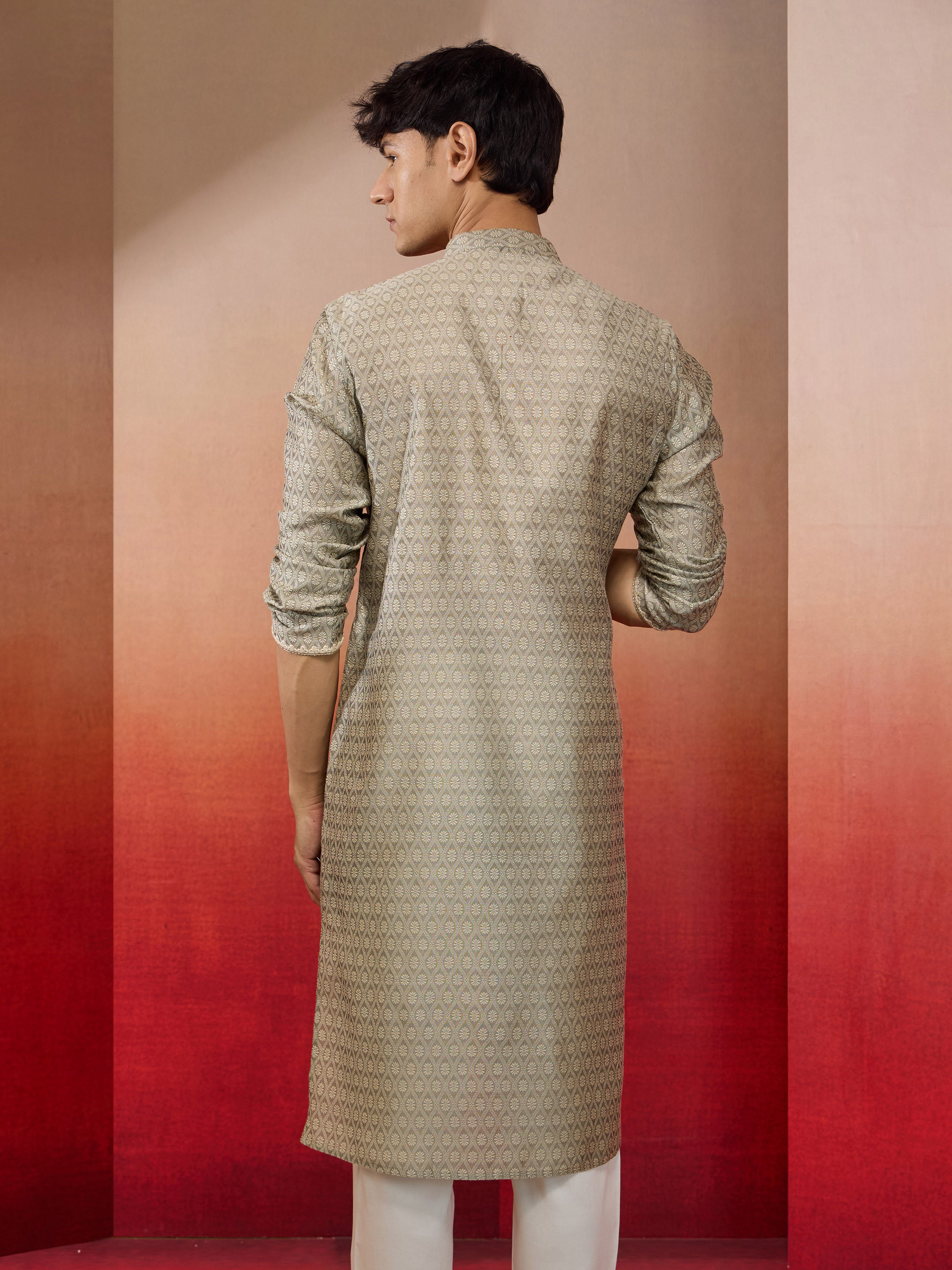 Men's Grey Silk Jacquard Kurta