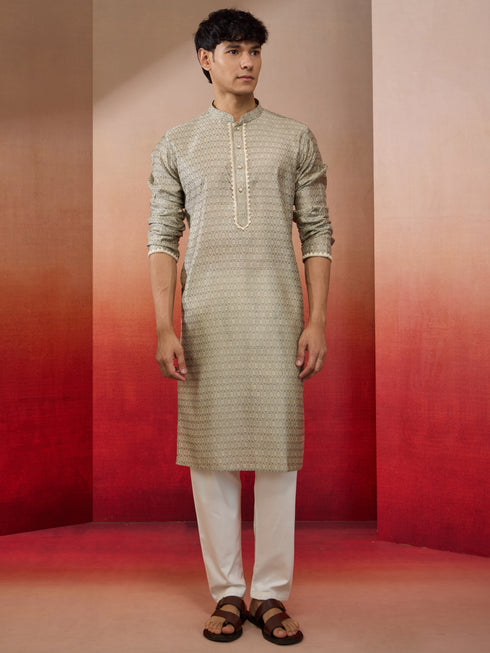 Mens Grey Jacquard Kurta with Pyjama