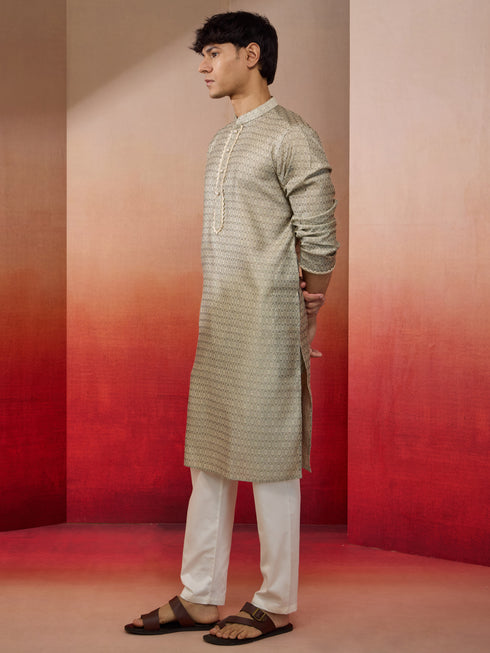 Mens Grey Jacquard Kurta with Pyjama