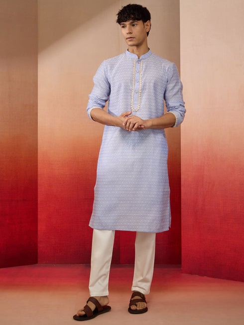 Mens Sky Blue Jacquard Kurta with Pyjama