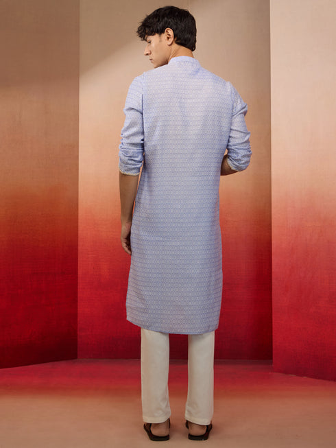 Mens Sky Blue Jacquard Kurta with Pyjama