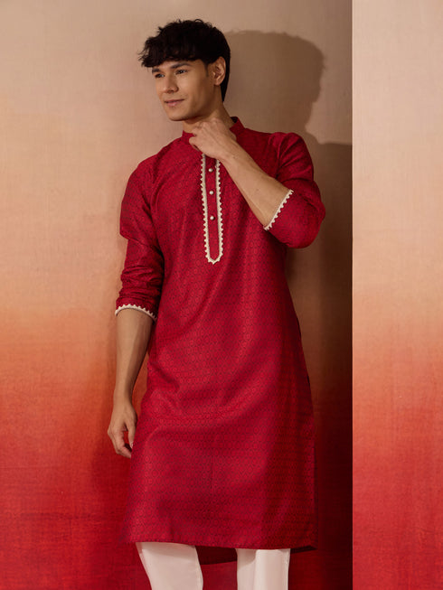 Men's Maroon Silk Jacquard Kurta