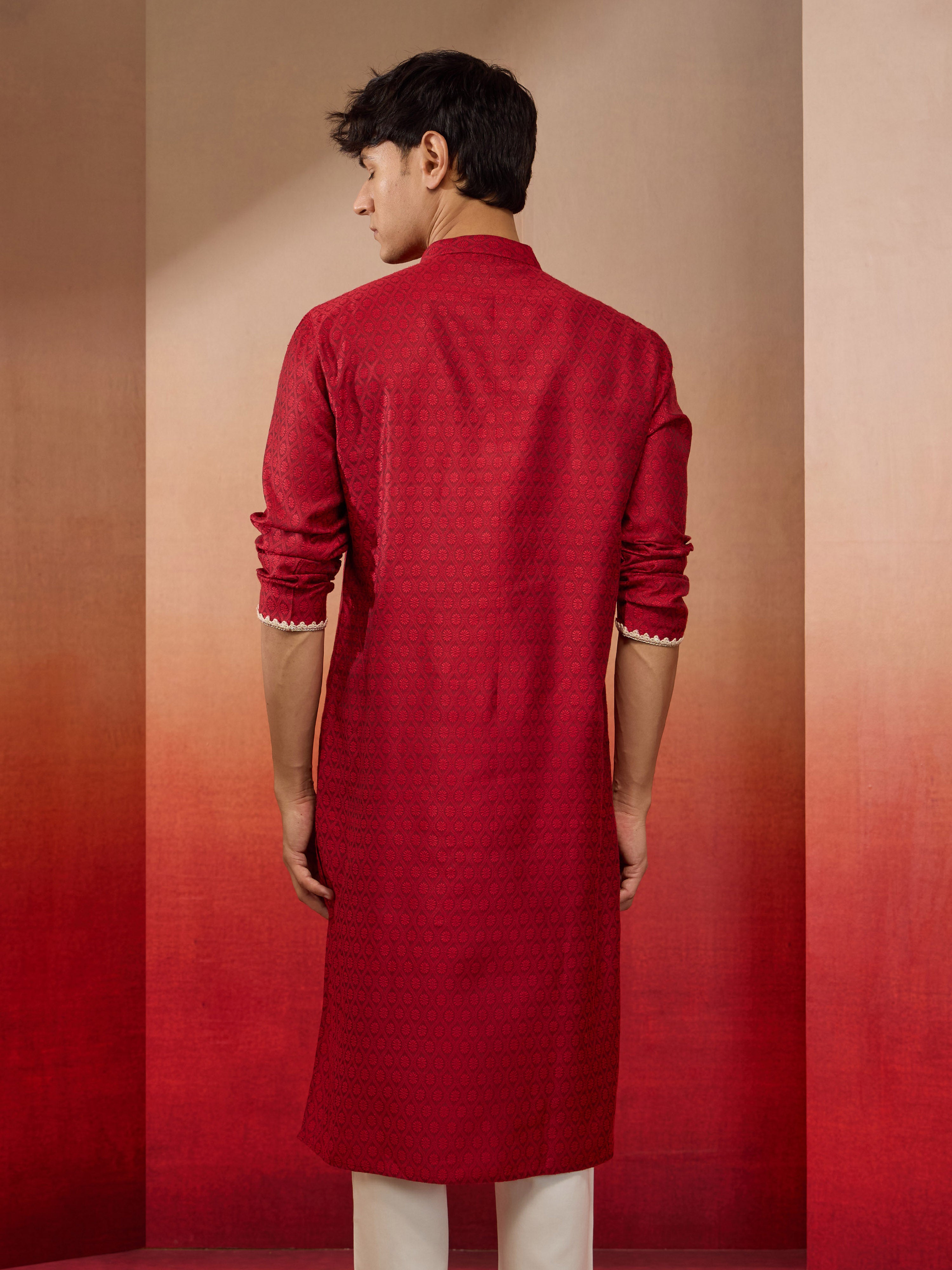 Men's Maroon Silk Jacquard Kurta
