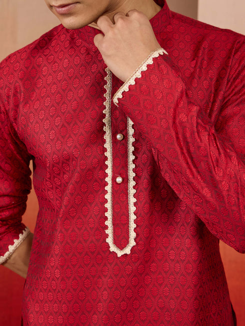 Mens Maroon Jacquard Kurta with Pyjama