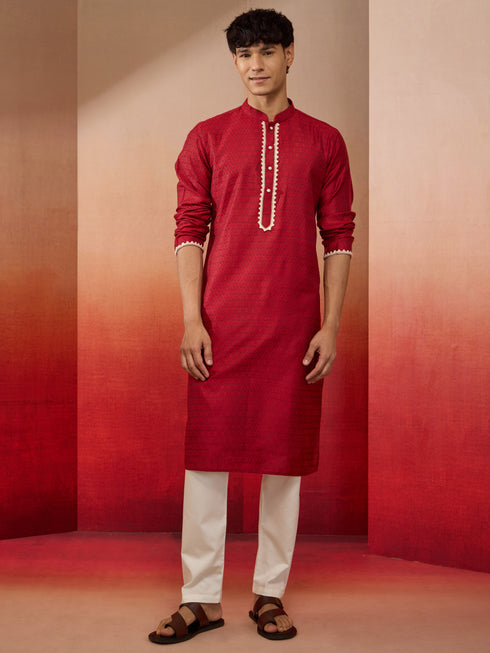 Mens Maroon Jacquard Kurta with Pyjama