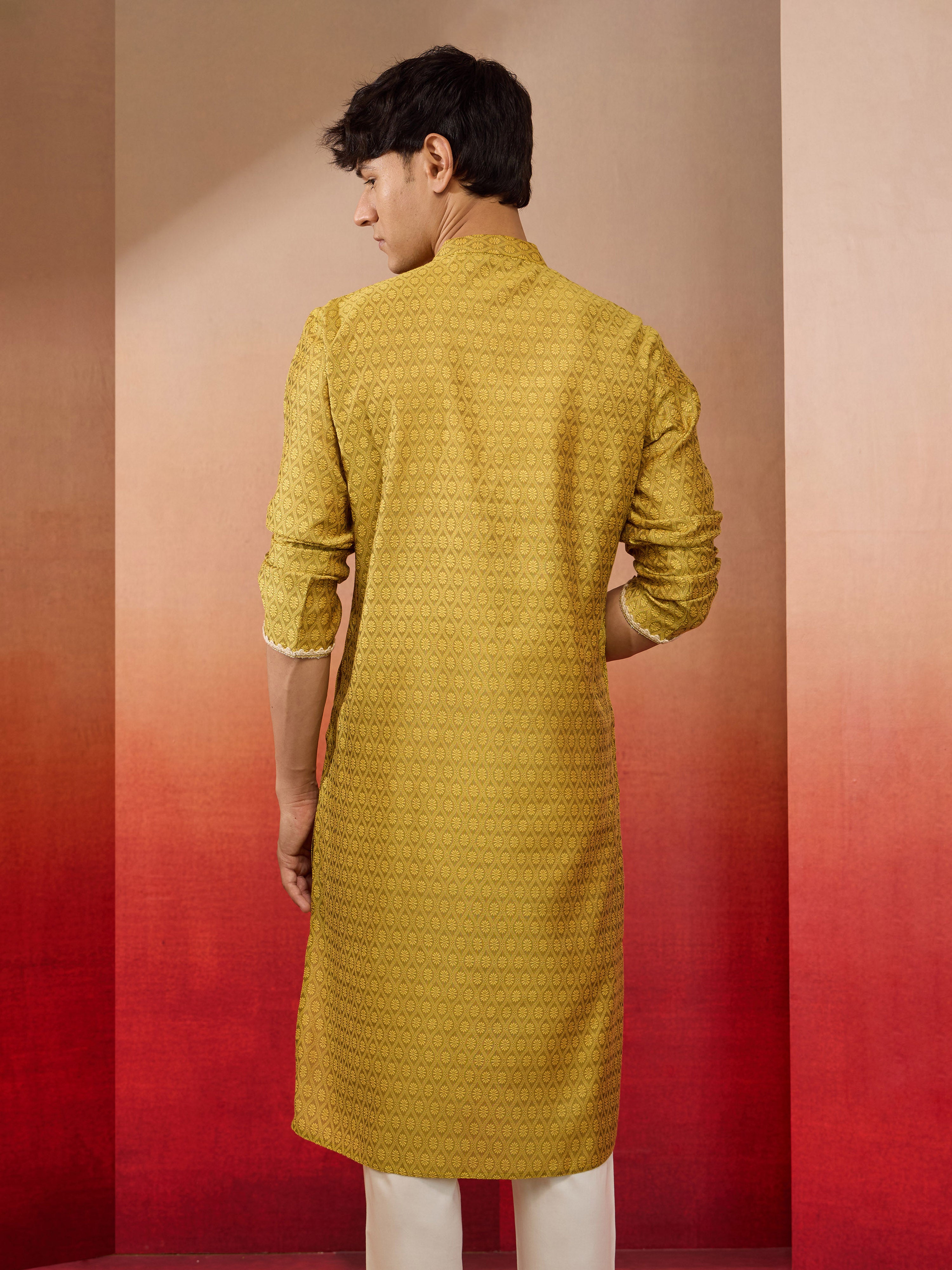 Men's Yellow Silk Jacquard Kurta