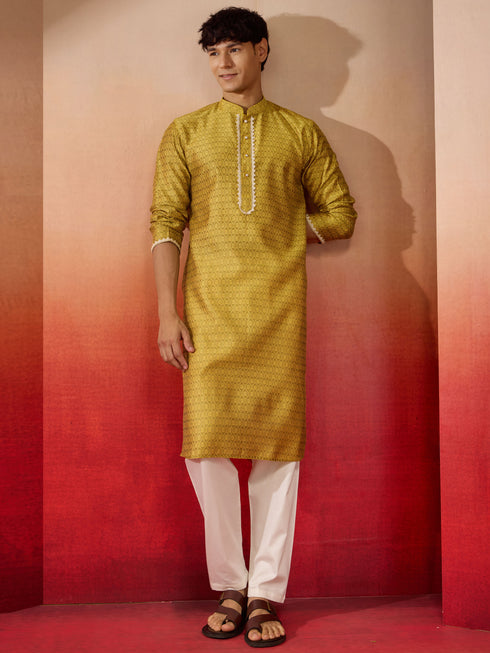 Mens Yellow Jacquard Kurta with Pyjama