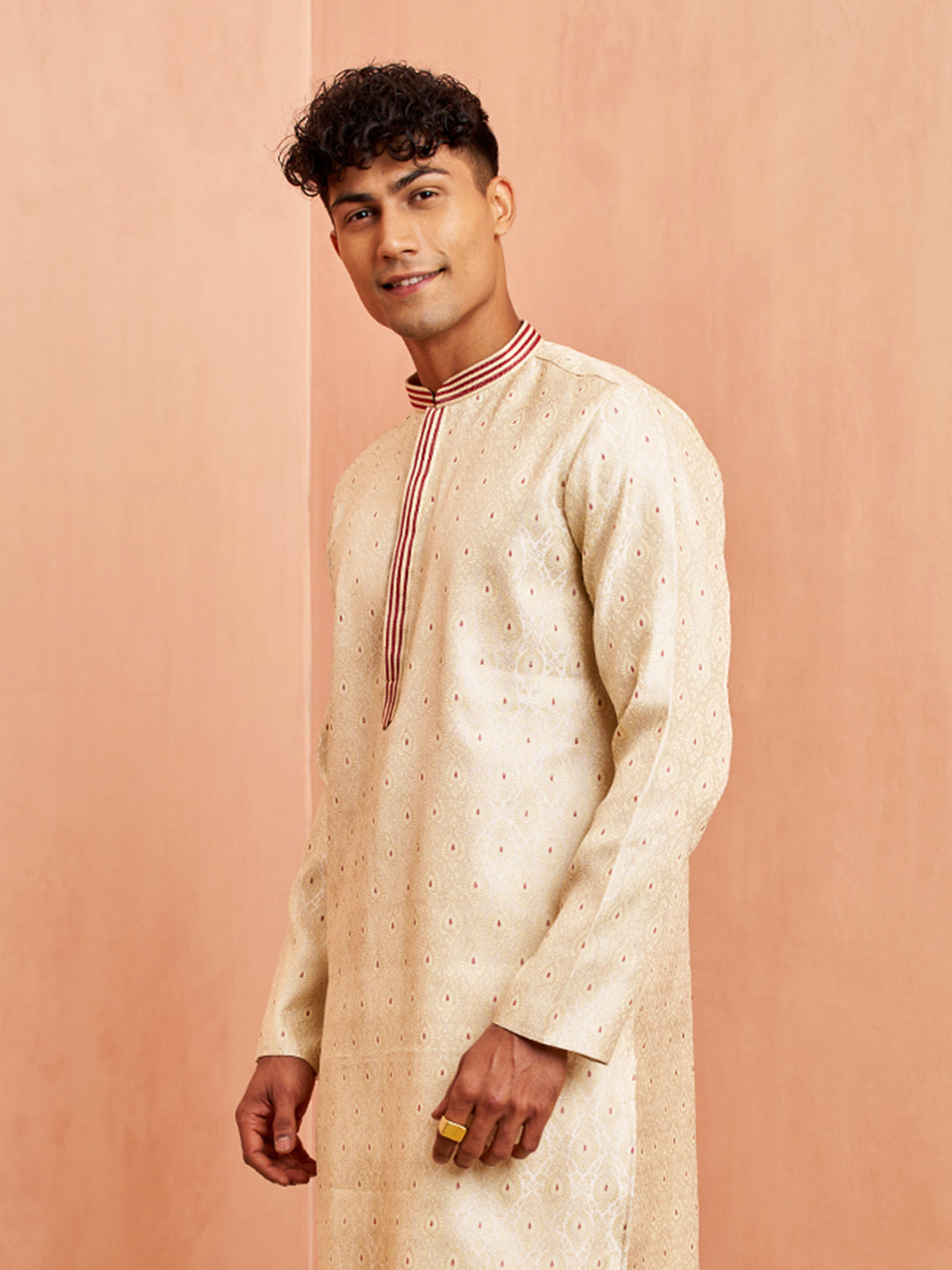 Men's Cream Silk Blend Long Kurta Jacquard Maroon Motif Mandarin Collar
