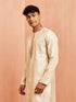 Men's Cream Silk Blend Long Kurta Jacquard Maroon Motif Mandarin Collar