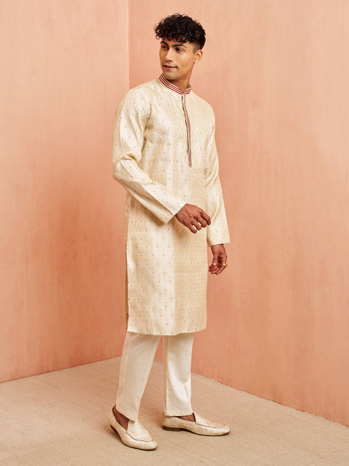 Men Cream Maroon Jacquard Kurta Pyjama Set