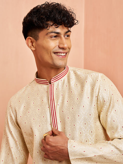 Men's Cream Maroon Jacquard Kurta Pyjama Set Zari Embroidery Wedding