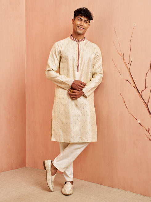 Men Cream Maroon Jacquard Kurta Pyjama Set
