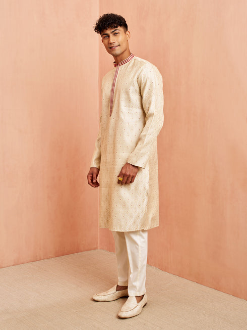 Men Cream Maroon Jacquard Kurta Pyjama Set