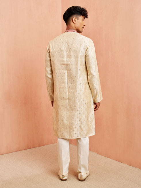 Men Cream Maroon Jacquard Kurta Pyjama Set