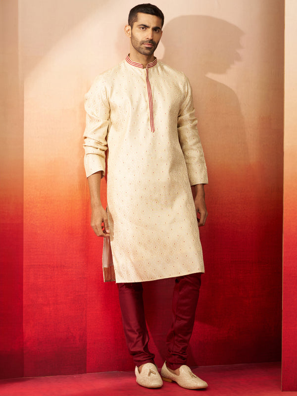 Men's Cream Embroidered Kurta with Maroon Churidar