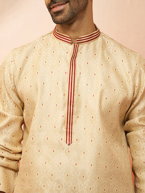 Men's Cream Embroidered Kurta with Maroon Churidar