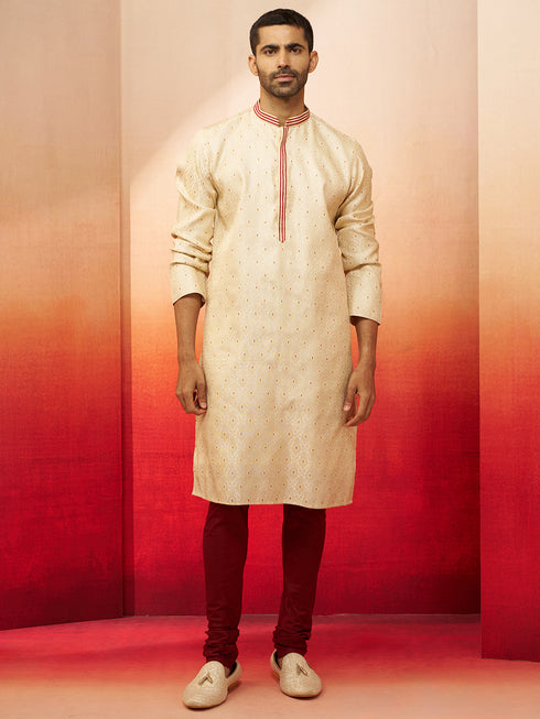 Men's Cream Embroidered Kurta with Maroon Churidar