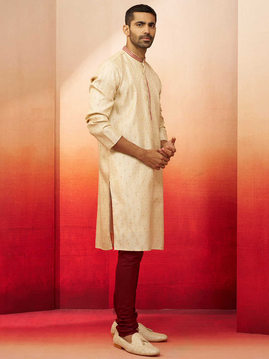 Men's Cream Embroidered Kurta with Maroon Churidar