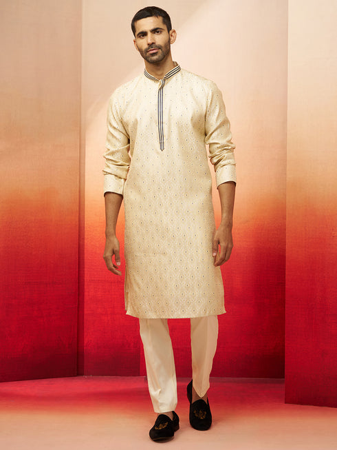 Men's Cream Royal Blue Embroidered Kurta with Pyjama