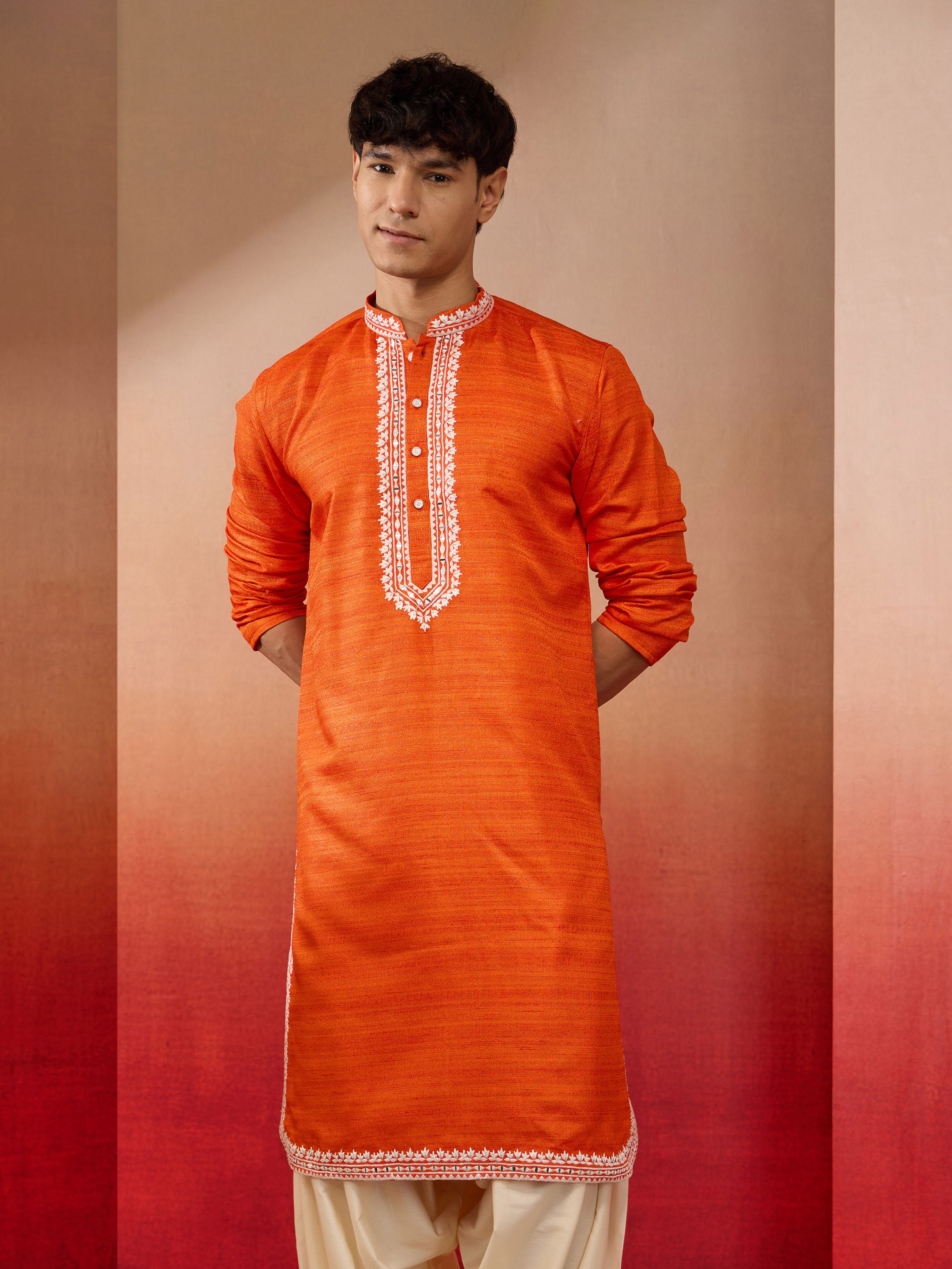 Men's Orange Hand Embroidered Silk Kurta