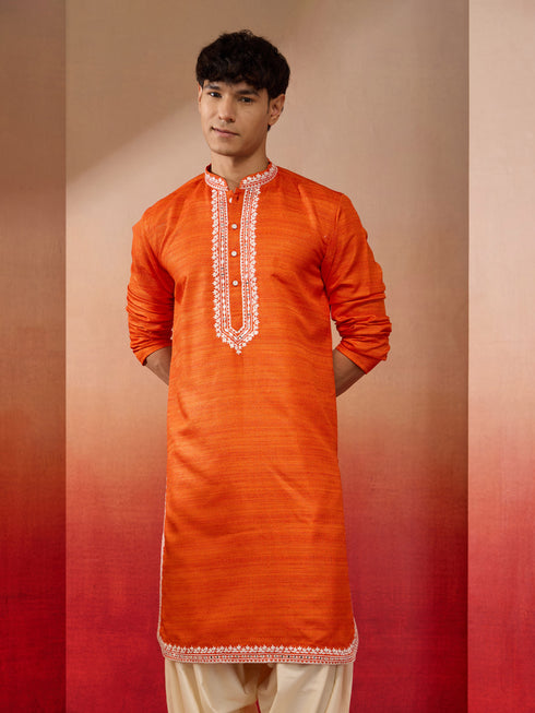 Men's Orange Hand Embroidered Silk Kurta