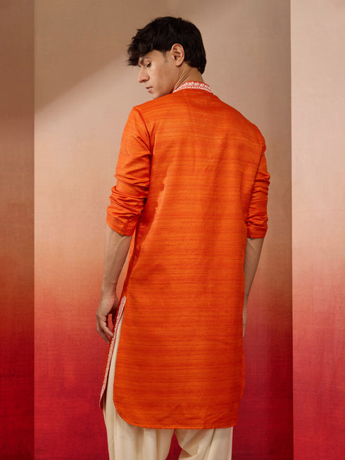 Men's Orange Hand Embroidered Silk Kurta