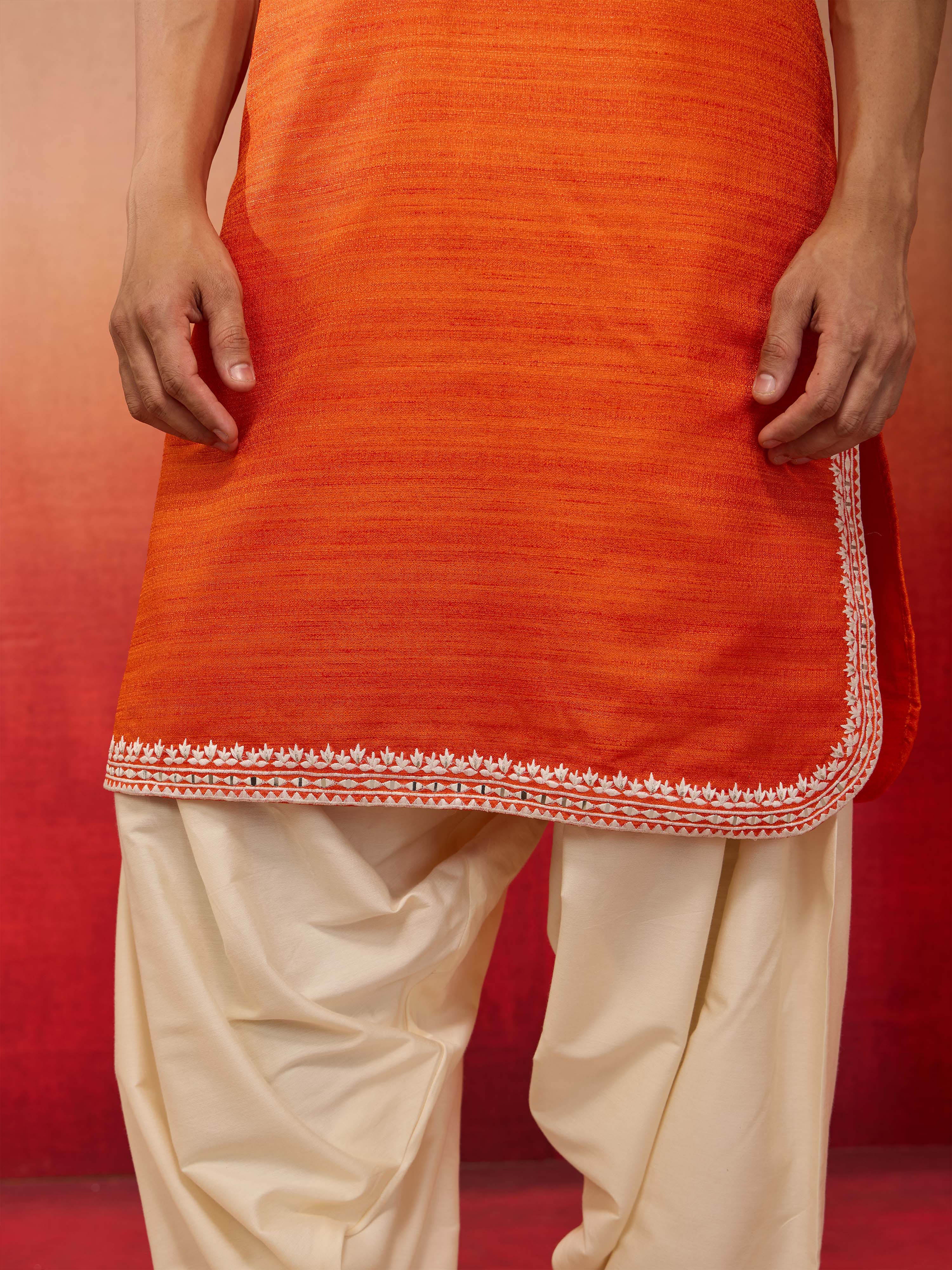 Men's Orange Hand Embroidered Silk Kurta