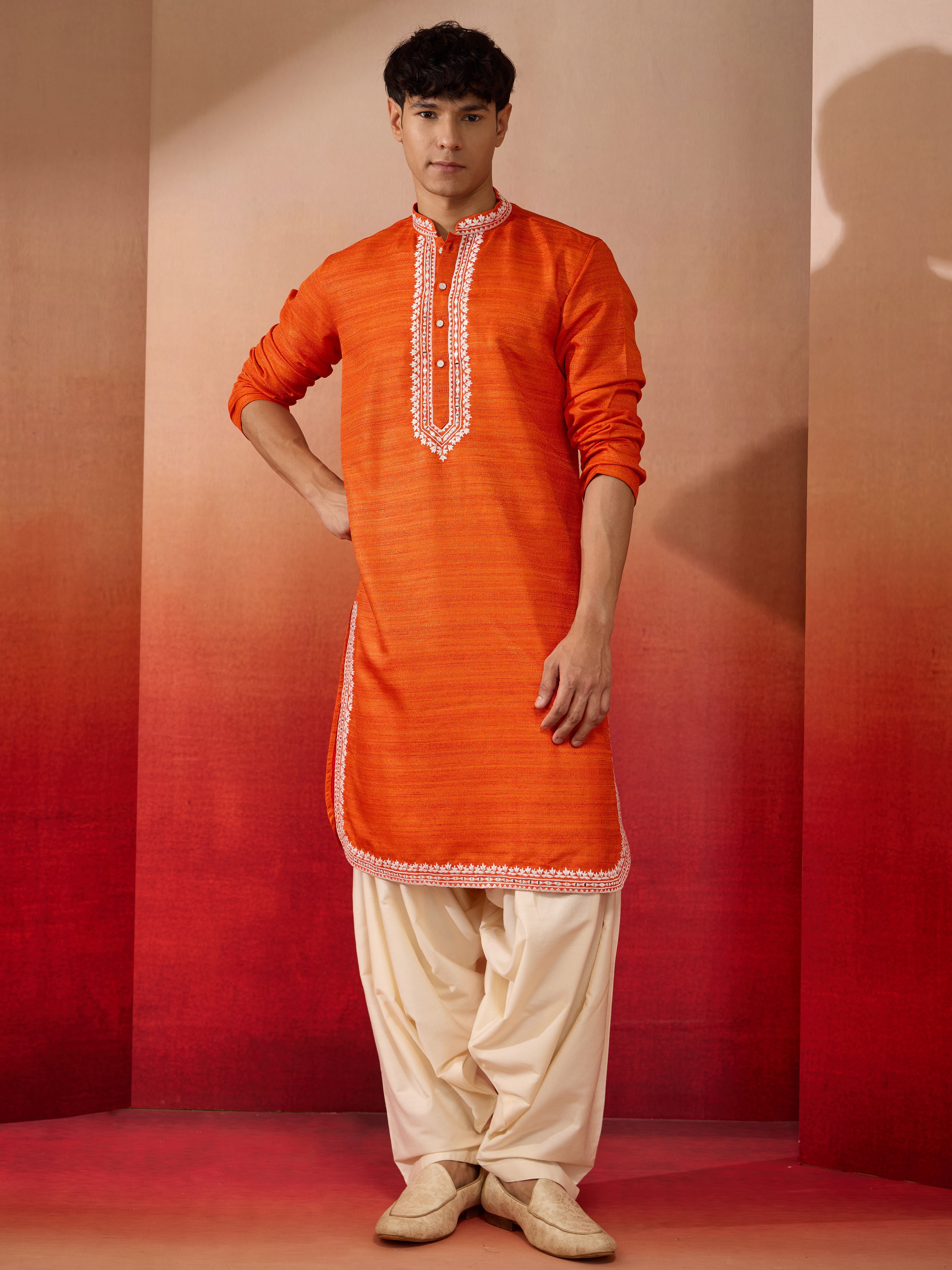 Men's Orange Champion Matka Hand Embroidered Kurta with Cream Patiala Set