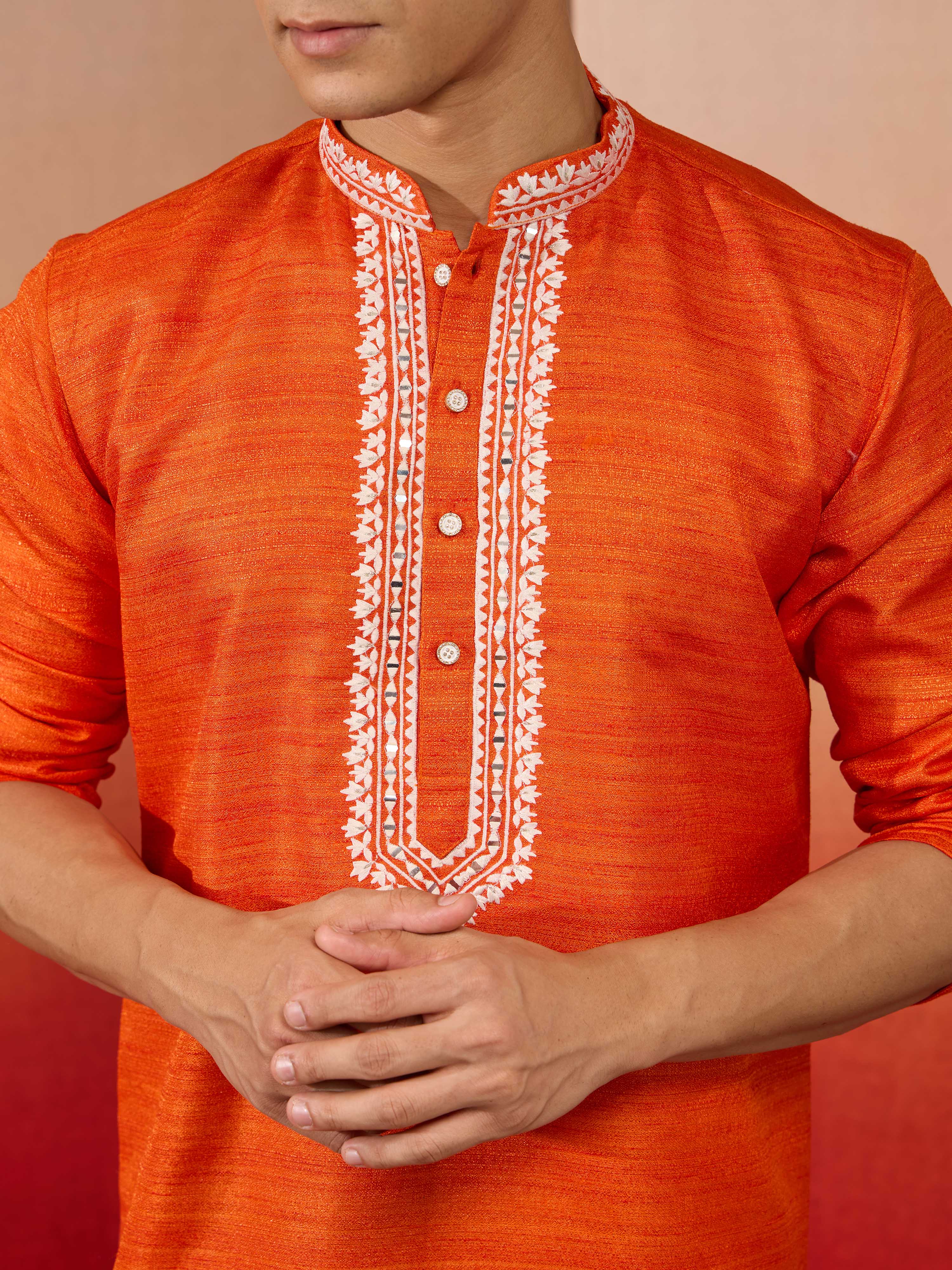 Men's Orange Champion Matka Hand Embroidered Kurta with Cream Patiala Set