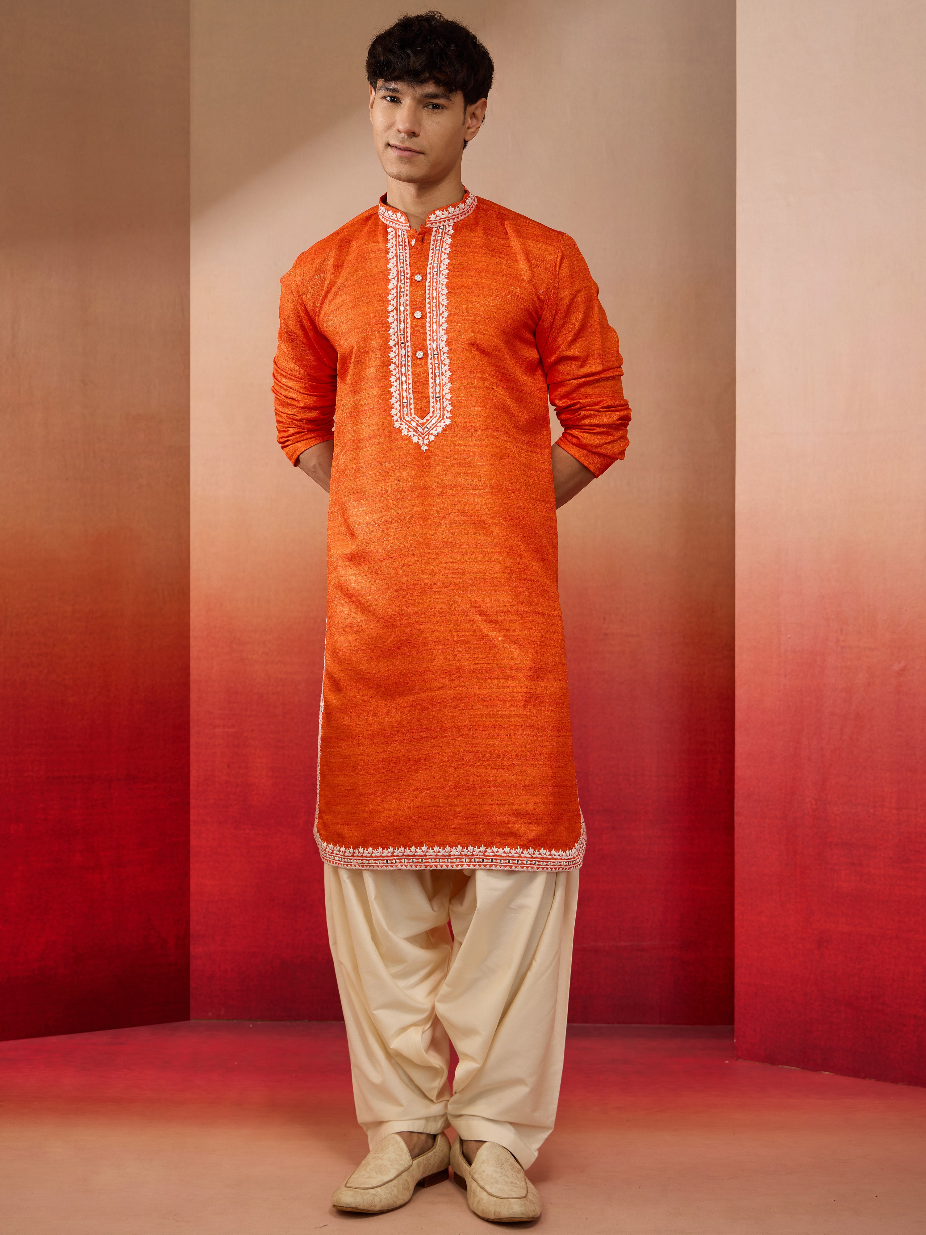 Men's Orange Champion Matka Hand Embroidered Kurta with Cream Patiala Set