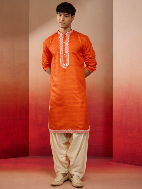 Men's Orange Champion Matka Hand Embroidered Kurta with Cream Patiala Set
