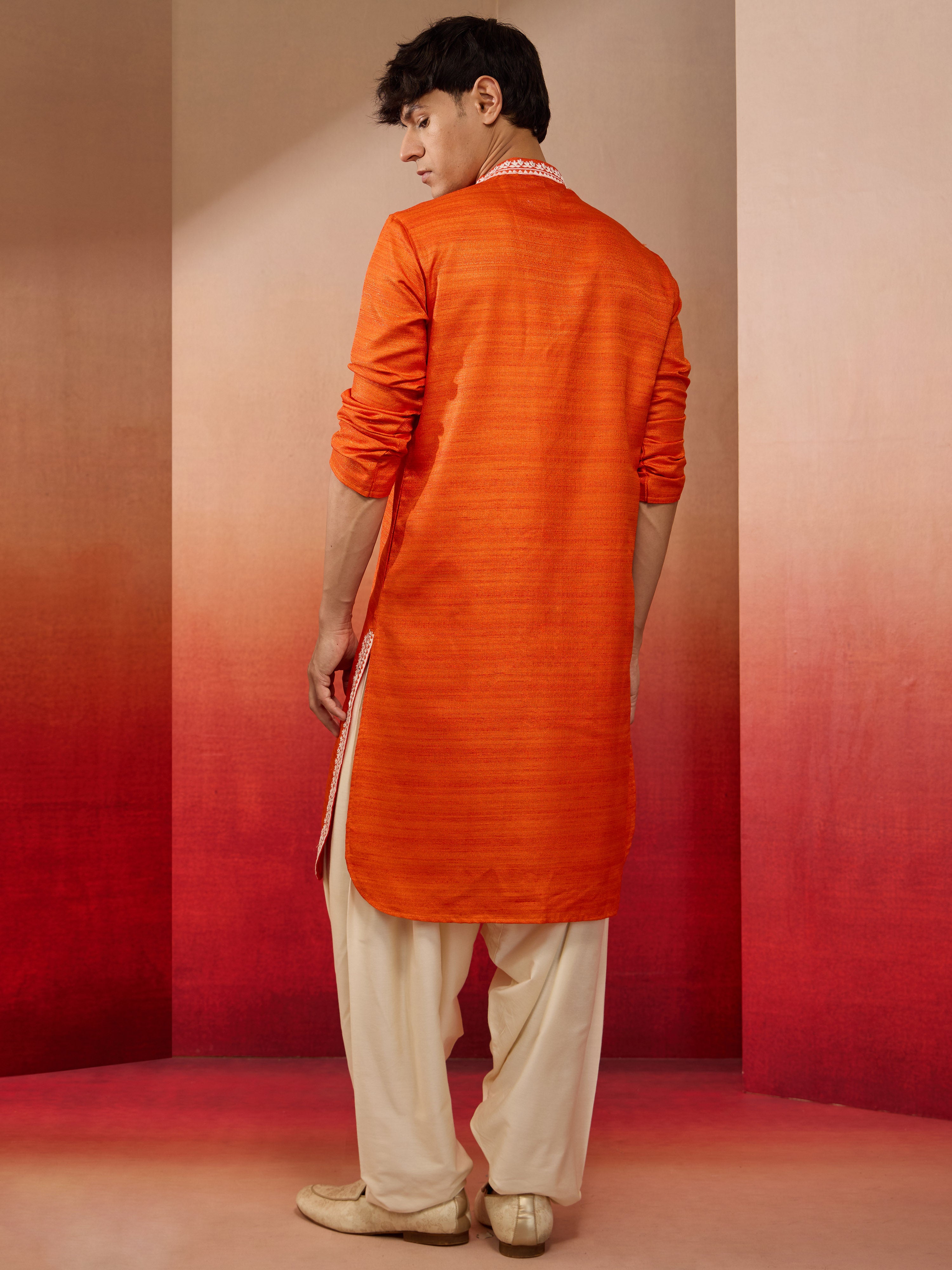 Men's Orange Champion Matka Hand Embroidered Kurta with Cream Patiala Set