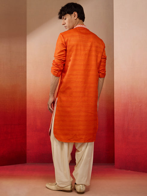 Men's Orange Champion Matka Hand Embroidered Kurta with Cream Patiala Set
