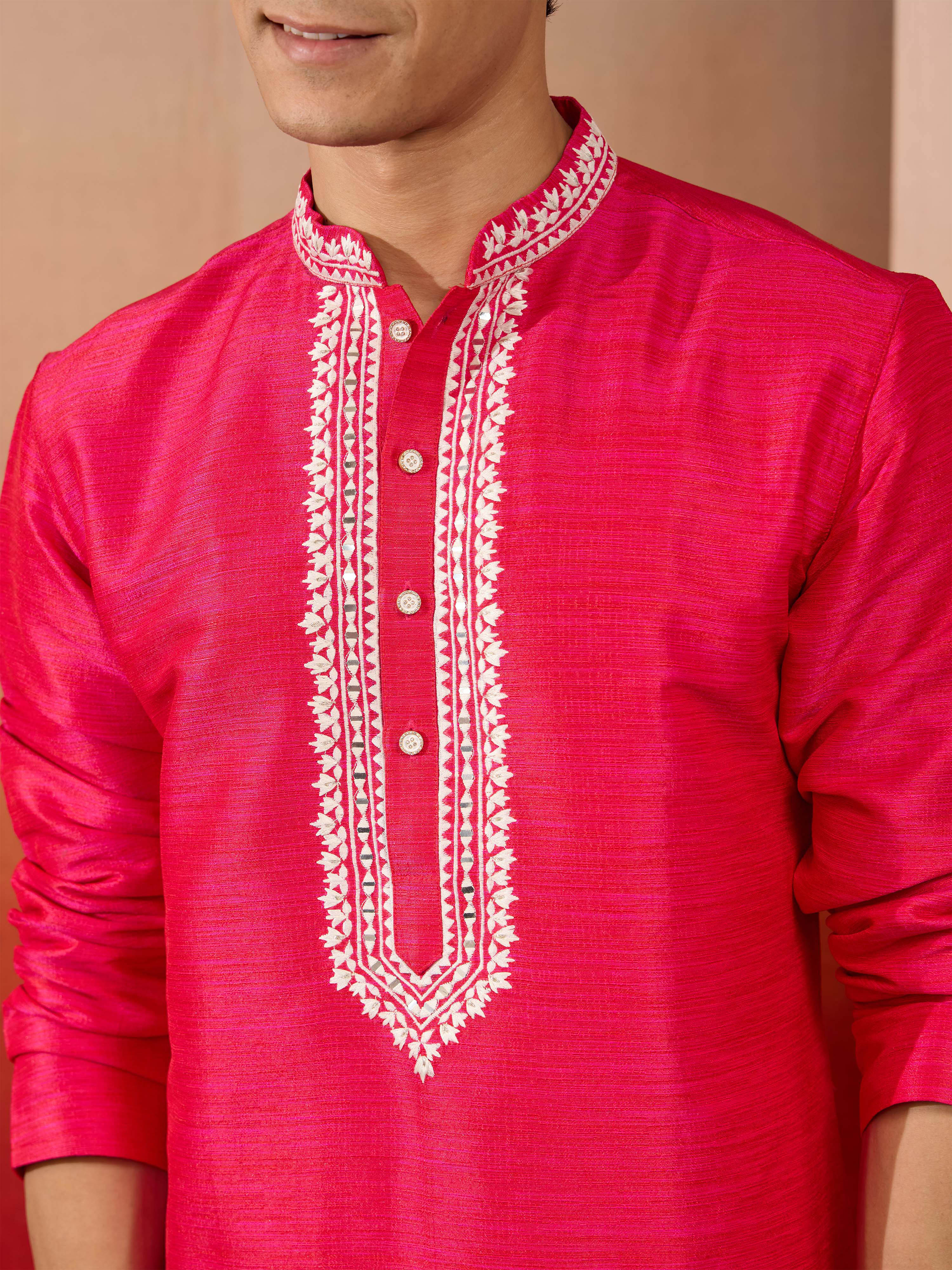 Men's Pink Hand Embroidered Silk Kurta