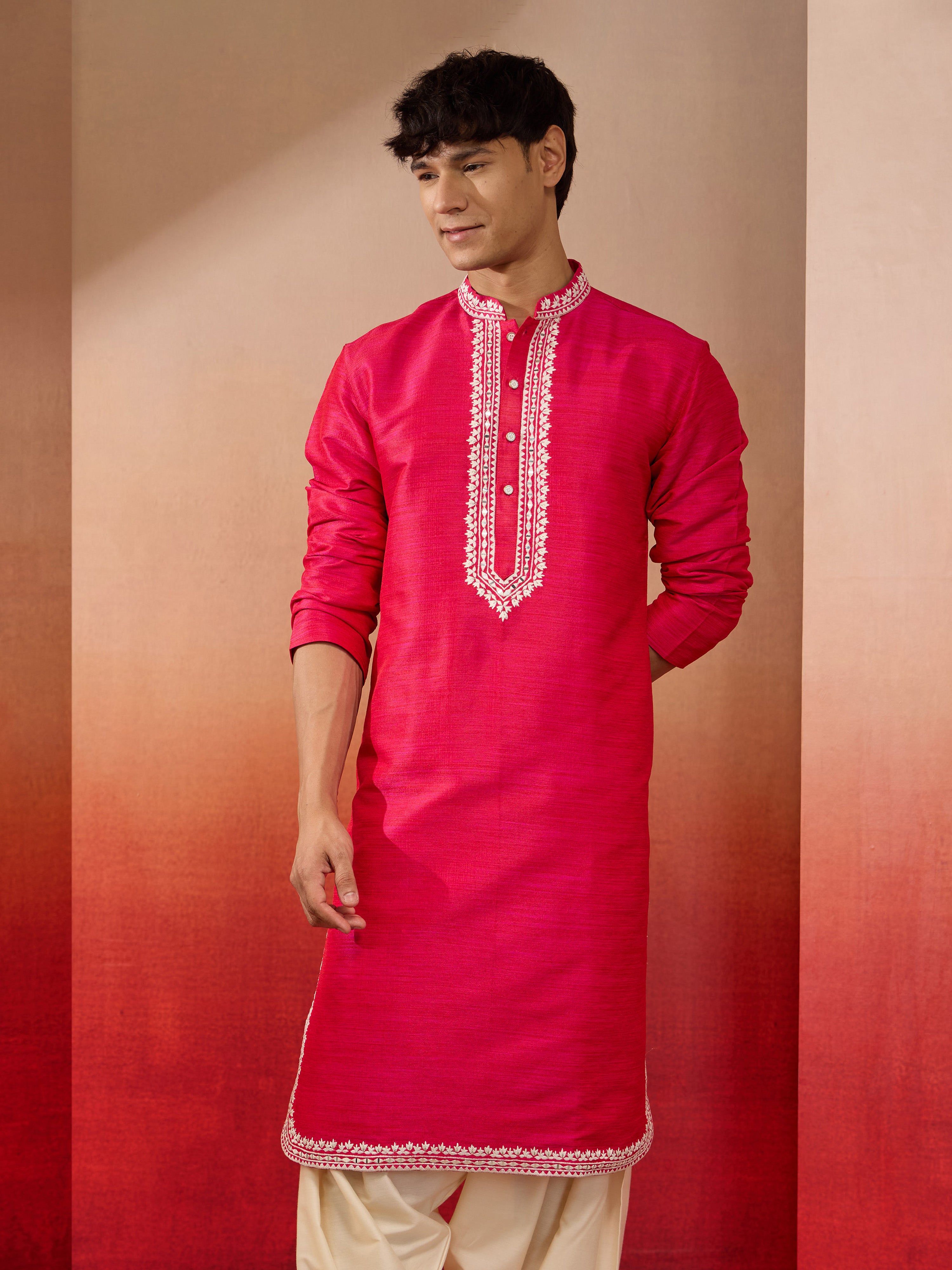 Men's Pink Hand Embroidered Silk Kurta