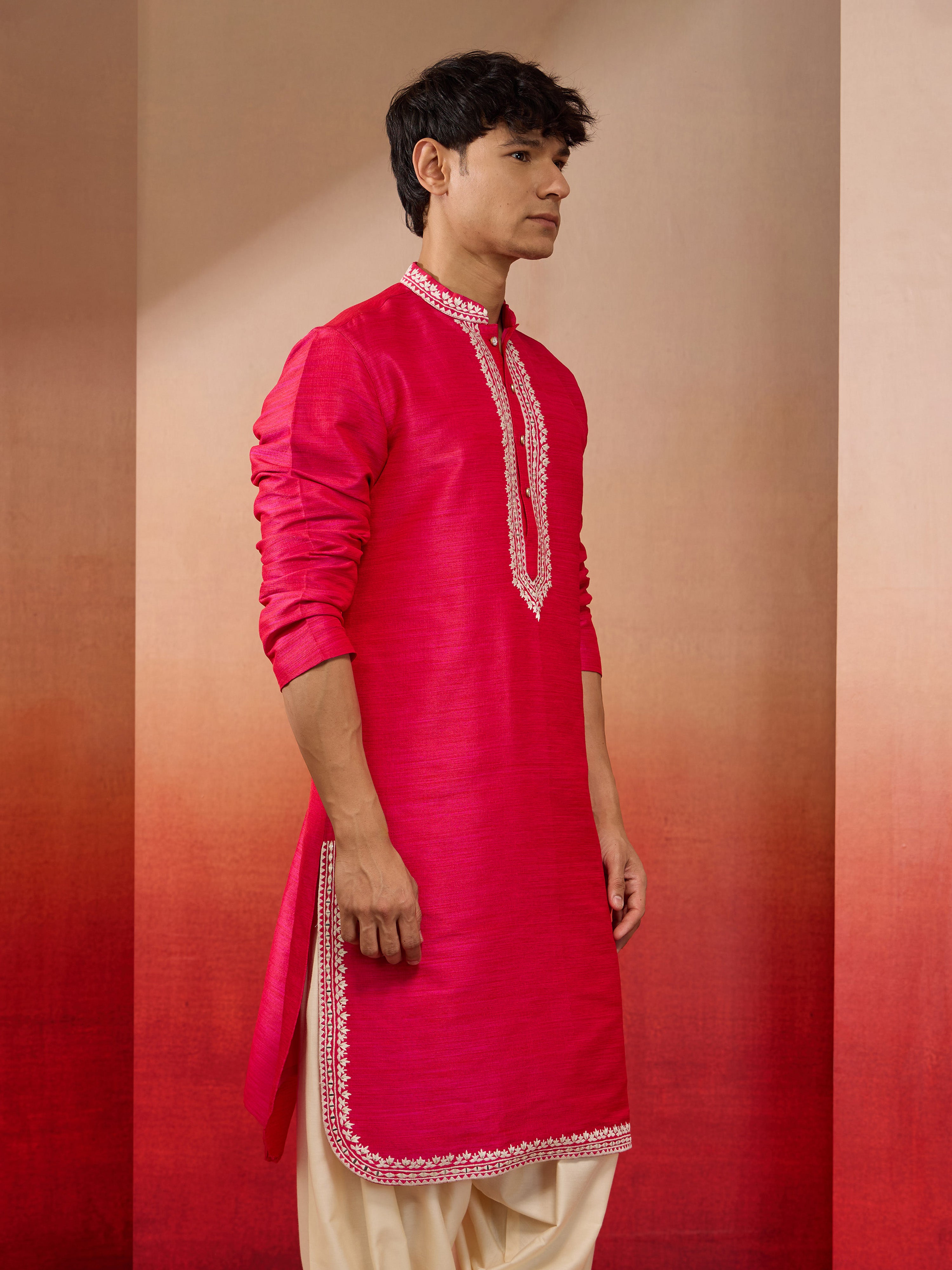 Men's Pink Hand Embroidered Silk Kurta