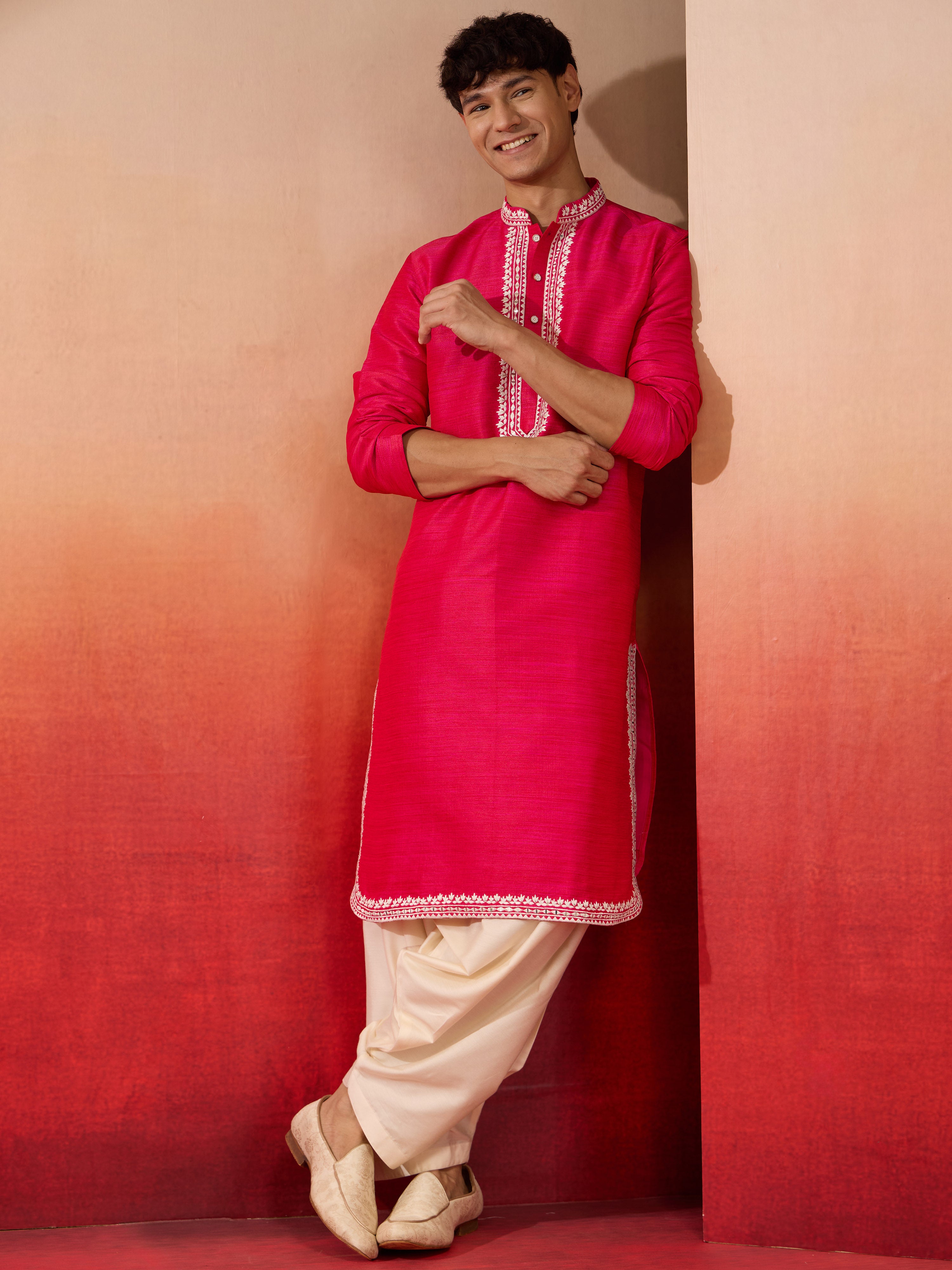 Men's Pink Hand Embroidered Silk Kurta