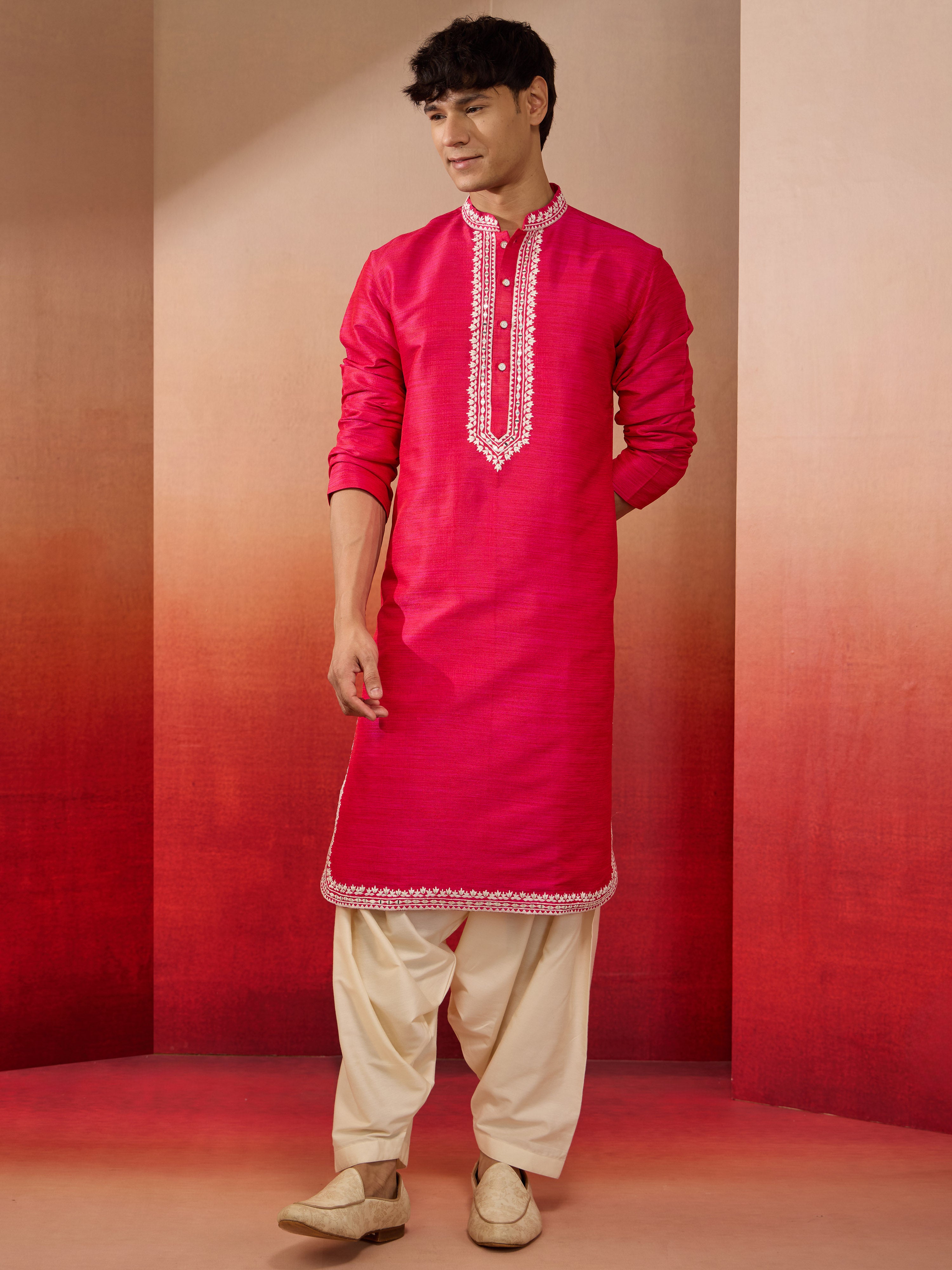 Men's Pink Phantom Silk Hand Embroidered Kurta with Cream Patiala Set